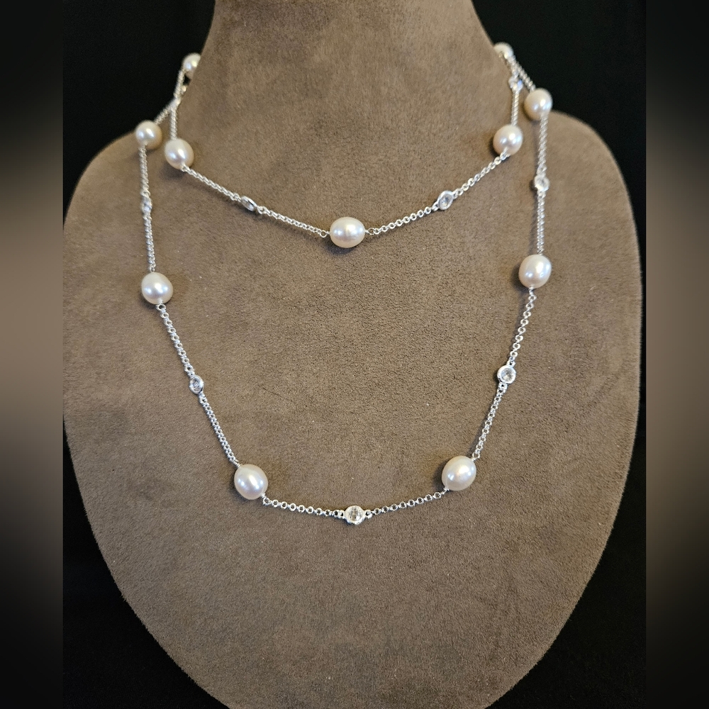 Silver Freshwater Pearl Station Necklace Sterling Silver 925, Cubic Zirconia
